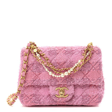 Tweed Quilted Pearl Twist Mini Square Flap Pink Dark Pink