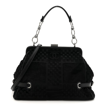 Velvet Checkered Kiss Lock Shoulder Bag Black