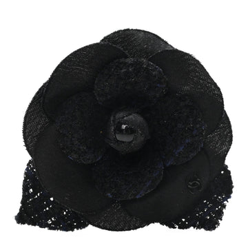 Tweed Fabric Camellia Pin Brooch Navy Blue Black