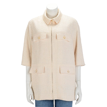 Chanel Cream Cotton Pearl Button Zip Up Jacket