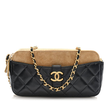 Suede Shiny Lambskin Quilted Phone Holder With Chain Black Beige