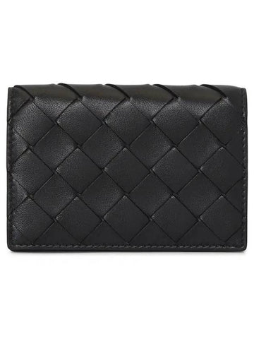 Luxury Bottega Veneta Intrecciato Flap Business Card Wallet Black