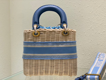 DIR MEDIUM LADY NATURAL WICKER BLUE CORNFLOWER OBLIQUE JACQUARD