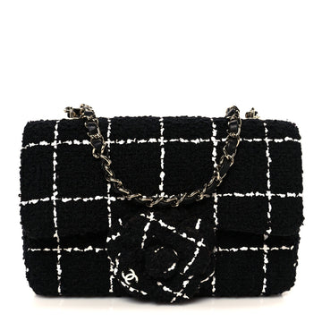 Tweed Quilted Small Camellia Flap Black White