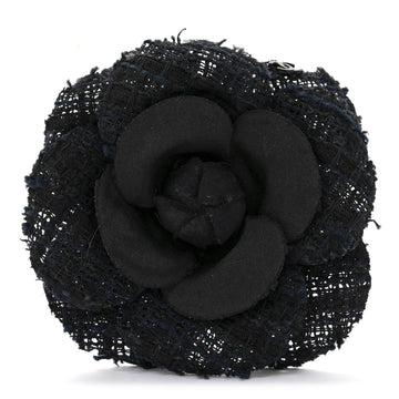 Tweed Camellia Pin Brooch Navy Blue