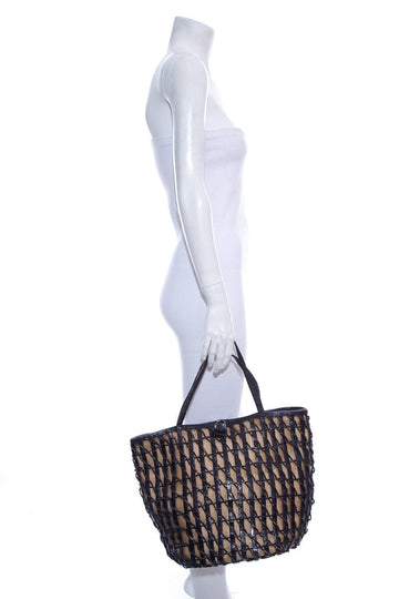 Nancy Gonzalez Black & Natural Woven Overlay Leather/canvas Tote