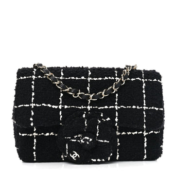 Tweed Quilted Mini Rectangular Camellia Flap Black White