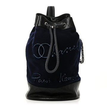 Wool Calfskin Embroidered Paris Hamburg Drawstring Backpack Navy Blue