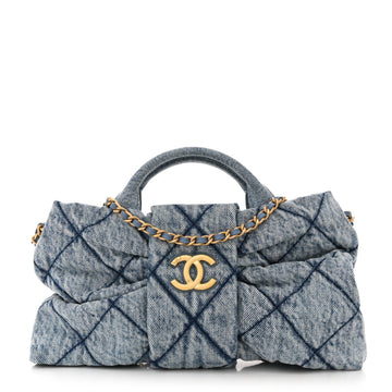 Washed Denim Quilted Mini Bow Bag Blue