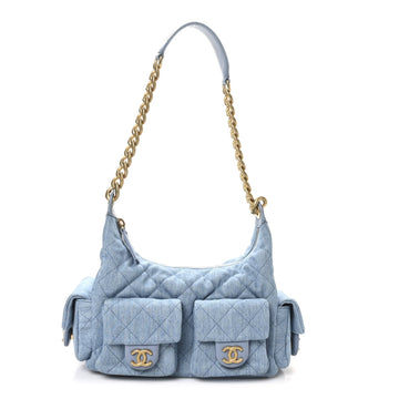 Washed Denim Quilted Large Trendy Pockets Hobo Blue