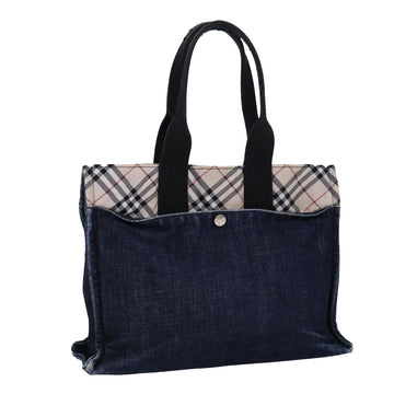 Burberry Nova Check Blue Label Tote Bag Denim Beige Navy Silver Auth bs16584
