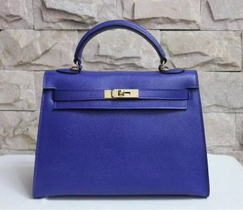 Hermes Kelly 32cm Leather Leather Handbag Electric Blue Gold