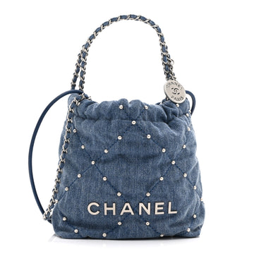 Washed Denim Quilted Studded Mini Chanel 22 Blue