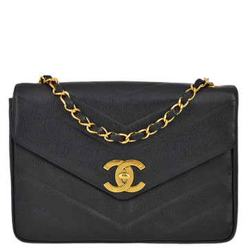 Top Quality Chanel 1994-1996 Black Leather Jumbo Chevron Letter Flap Bag