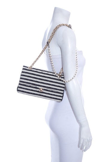 Chanel Beige & Black Classic Double Flap Quilted Striped Leather/canvas Med Cross-Body