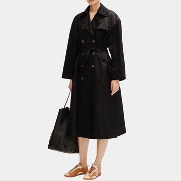 Black Trench Coat in Silk Jacquard Satin
