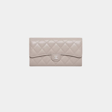 Classic Long Flap Wallet Grained Shiny Calfskin & Metal