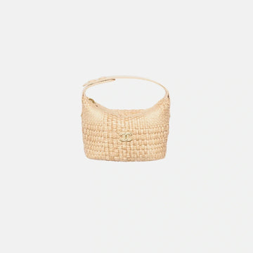 Classic Mini Bag Charm in Braided Raffia and Gold Tone Metal