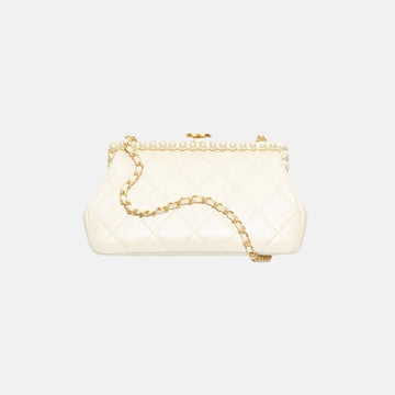 Clutch Pearly Lambskin Imitation Pearls Gold Tone Metal in Light Beige