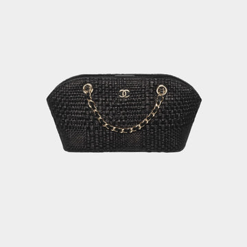 Clutch With Chain Braided Raffia & Gold Tone Metal Black