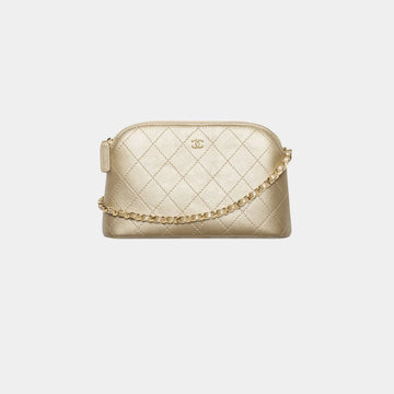 Clutch With Chain Metallic Grained Goatskin & Gold Tone Metal