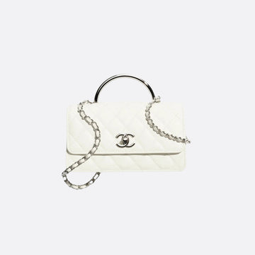 Clutch with Chain Shiny grained Calfskin Resin Silver-Tone Metal