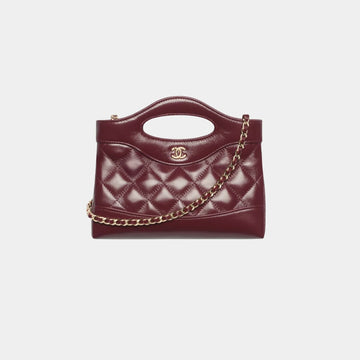 Clutch With Chain Shiny Lambskin & Gold Tone Metal Dark Burgundy