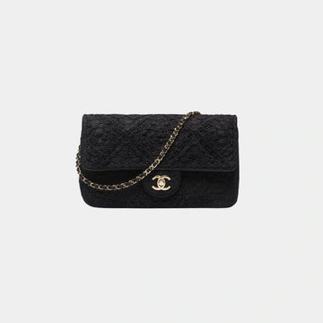 Flap Bag Crochet Effect Weaving & Gold Tone Metal Black