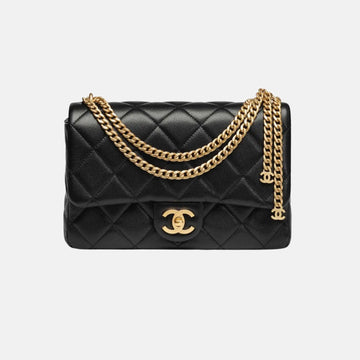 Flap Bag in Grained Shiny Calfskin and Gold Tone Metal