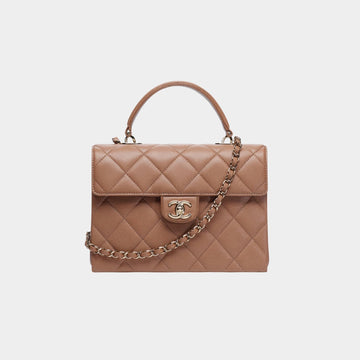 Flap Bag With Top Handle Grained Shiny Calfskin & Gold Metal Brown