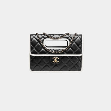 Flap Bag With Top Handle Shiny Lambskin & Gold tone Metal Black & White