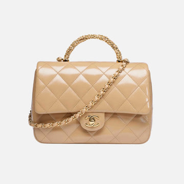 Flap Bag with Top Handle in Shiny Lambskin and Gold Tone Metal
