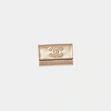 Flap Card Holder Metallic Grained Calfskin & Gold Metal