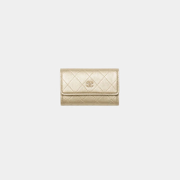 Flap Card Holder Metallic Grained Calfskin & Gold Tone Metal