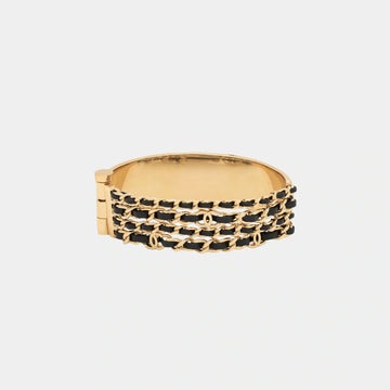 Gold Metal and Black Lambskin Chain Cuff Bracelet