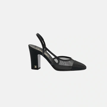 Heeled Slingbacks in Mesh and Grosgrain