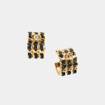 Hoop Earrings in Gold Metal and Black Lambskin