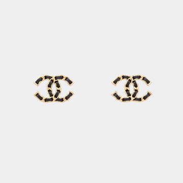Iconic CC Stud Earrings in Gold with Black Lambskin