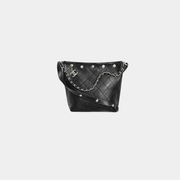 Large Bucket Bag Shiny Lambskin Silver Tone Metal Black