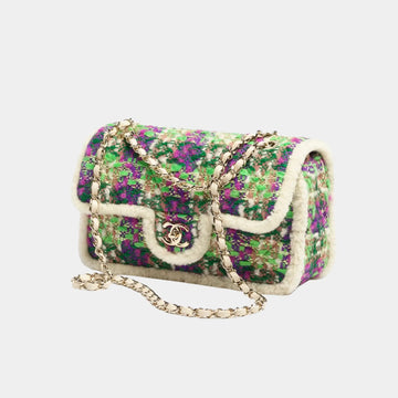 Large Flap Bag Tweed and Sheepskin with Gold-Tone Metal