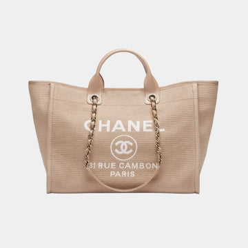 Large Tote Canvas & Gold Tone Metal Dark Beige