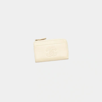 Light Beige Zipped Card Holder Grained Shiny Calfskin