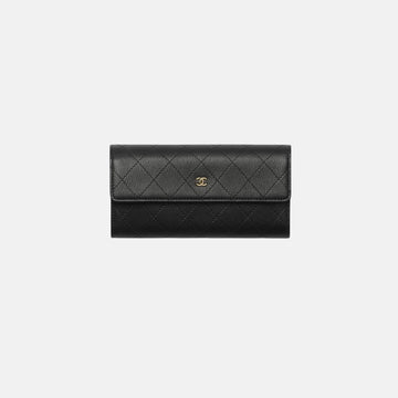 Long Flap Wallet in Grained Goatskin and Gold Metal