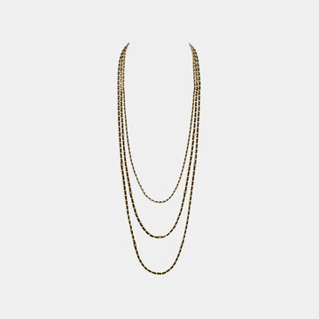 Long Layered Necklace in Gold Metal & Black Lambskin