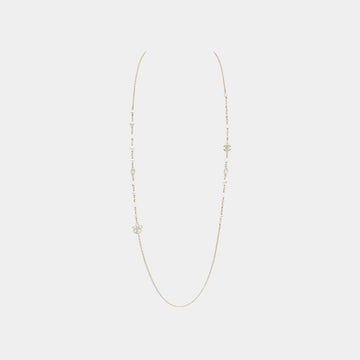 Long Necklace in Gold Metal with Glass Pearls and Crystal