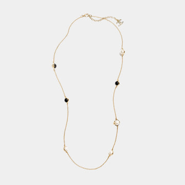 Long Necklace Metal & Resin Gold Black & Pearly White