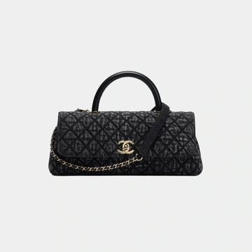 Maxi Flap Bag With Top Handle Washed Denim Calfskin & Gold Tone Black
