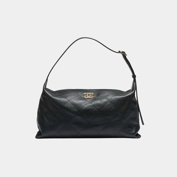 Maxi Hobo Bag Shiny Lambskin & Gold Tone Metal Black