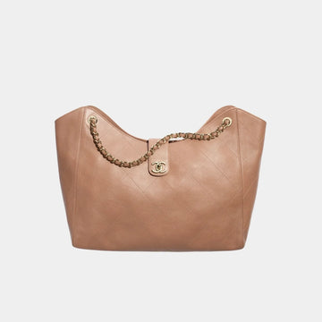 Maxi Shopping Bag Grained Calfskin & Gold Tone Metal Brown