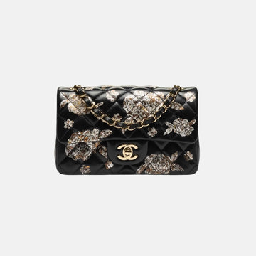 Mini Classic Handbag Printed Lambskin Gold Metal in Black Silvery Golden